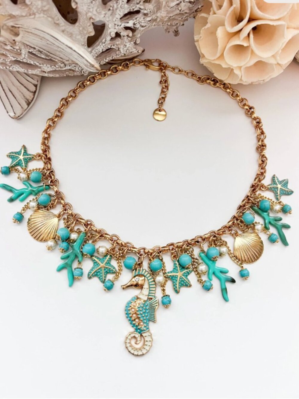 Gold Seahorse Shell Starfish Statement Necklace Turquoise Coastal Beach